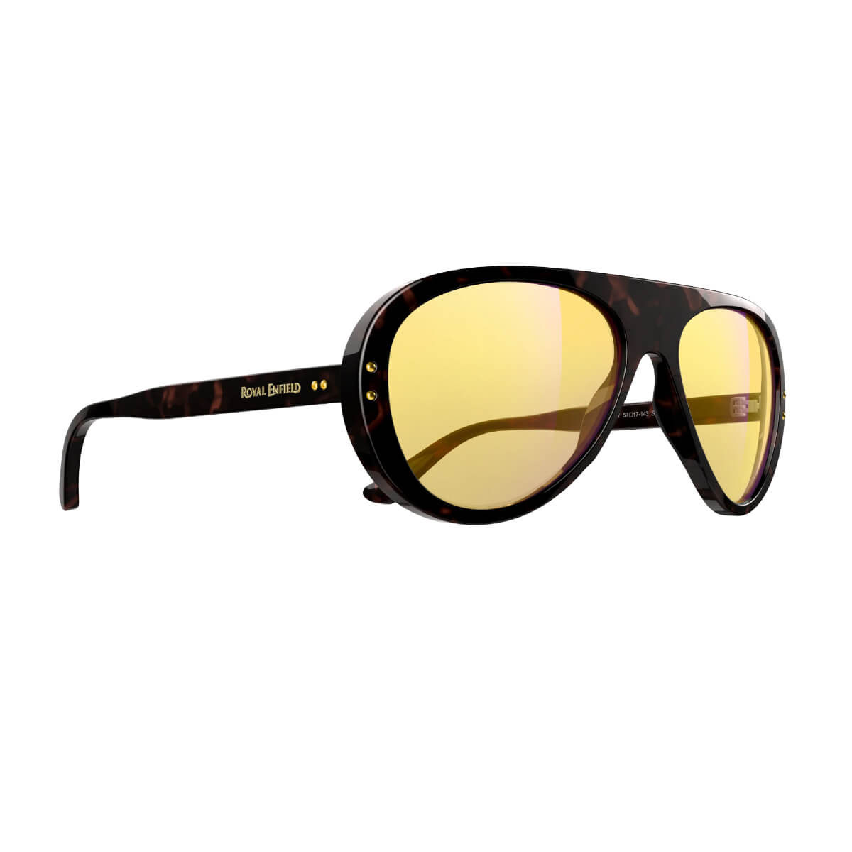 Sunglasses with gold lenses and tortoiseshell frame on a white background
