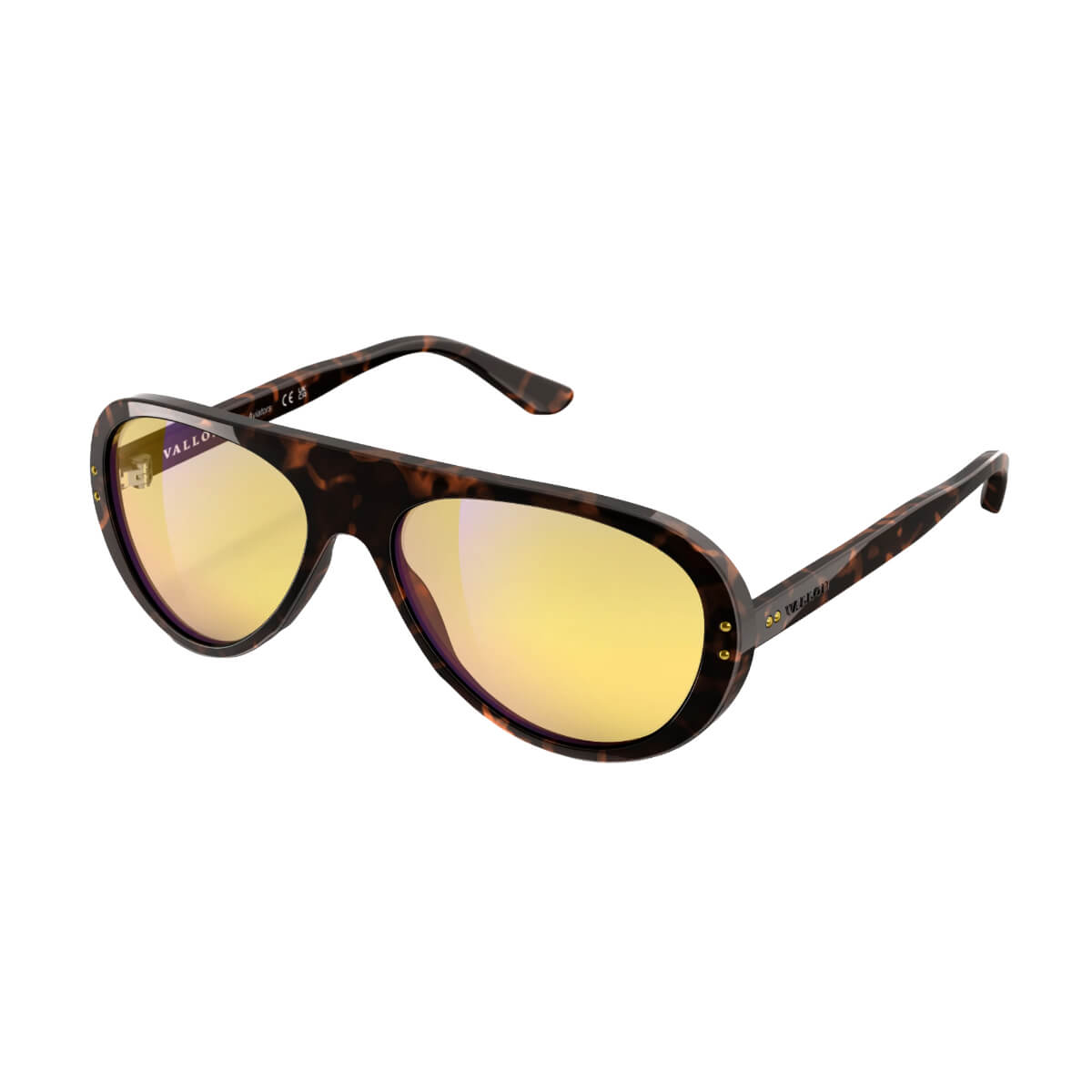 Sunglasses with tortoiseshell frame and yellow lenses on a white background