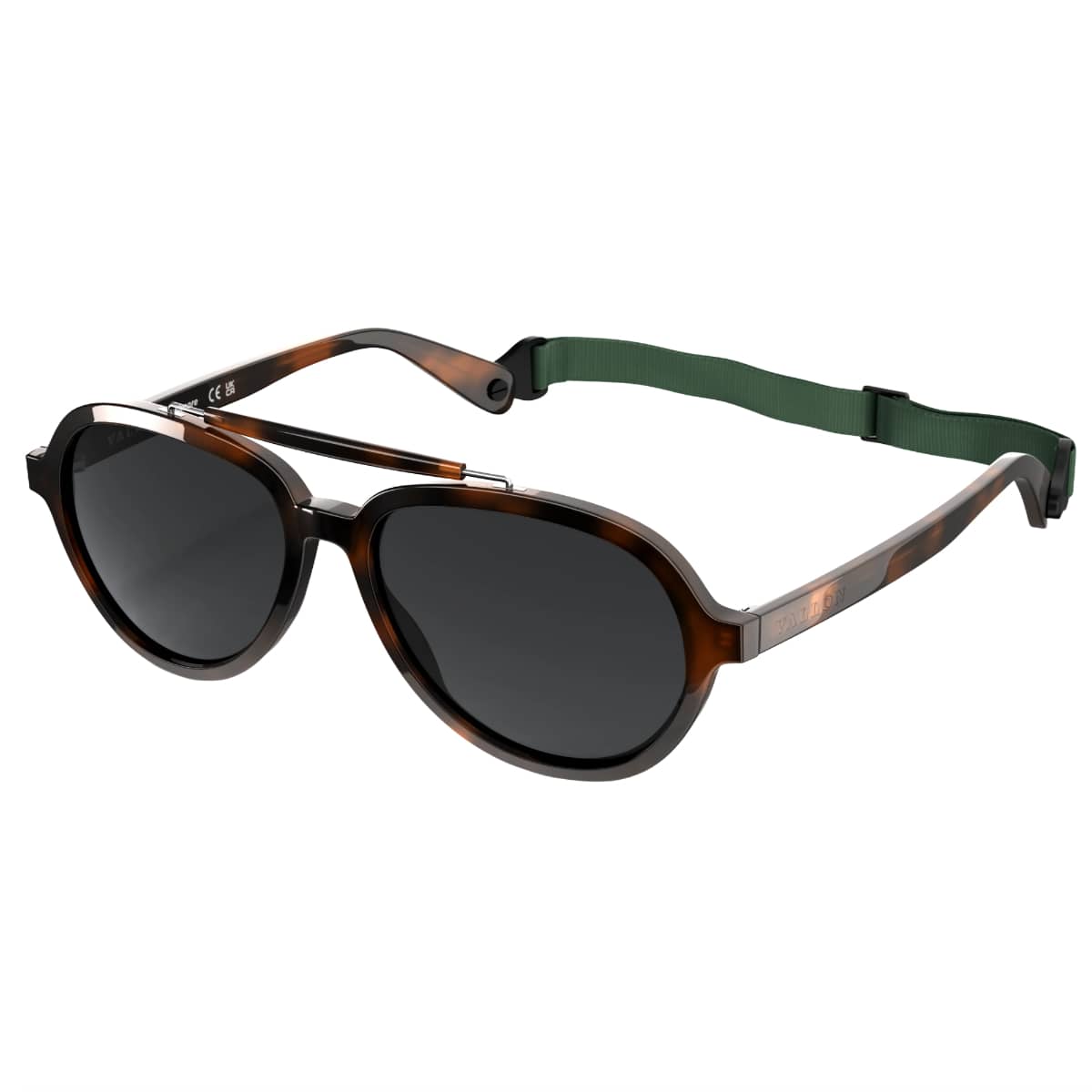 Vallon Brow Bar Aviator Sunglasses with a green strap on a white background
