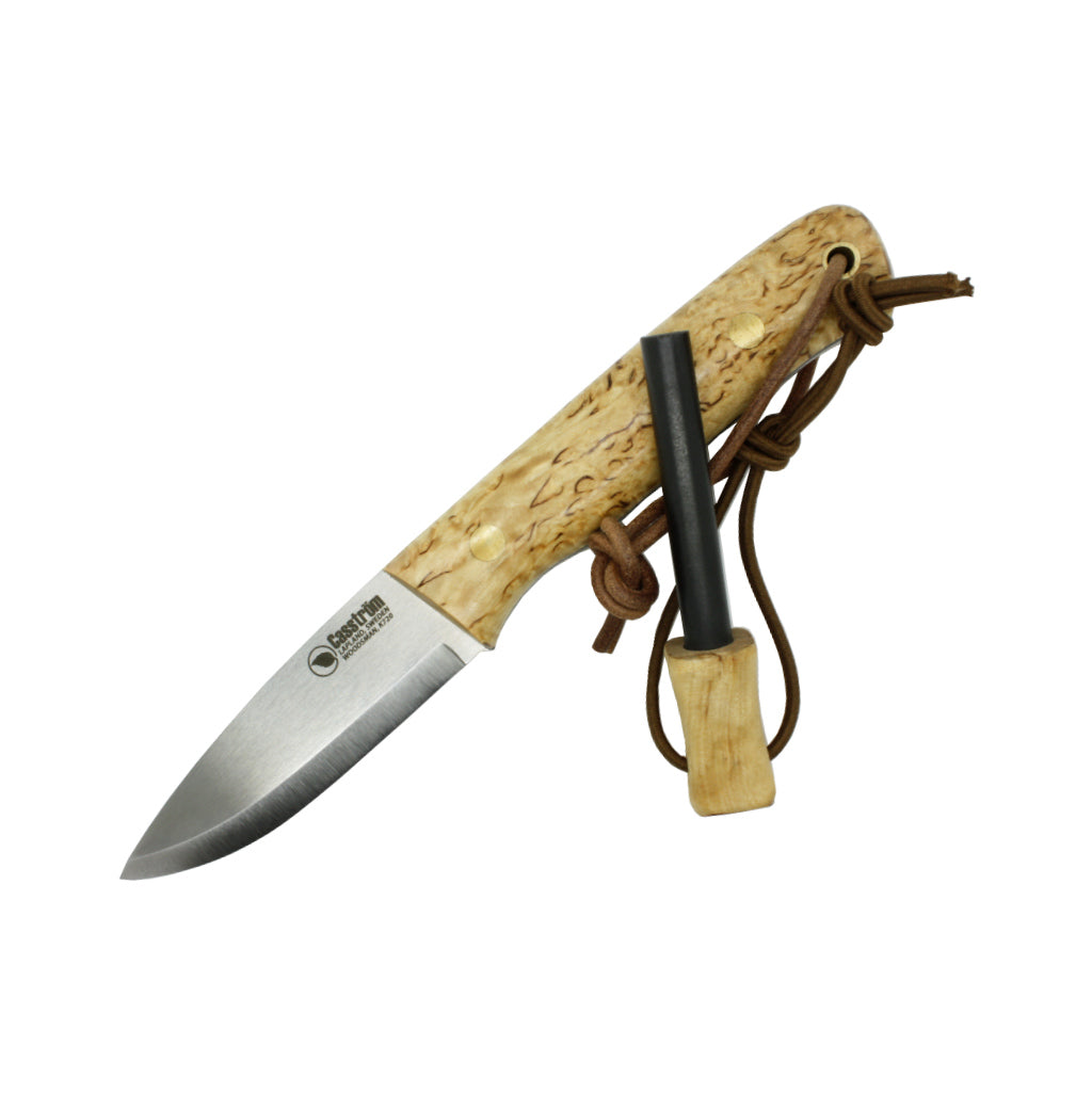 Casstrom Woodsman Knife with a curly birch handle and matching firesteel